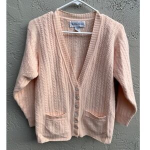 Evan Picone Vintage Womens Pink Cable Knit Cardigan Pockets Sweater Angora